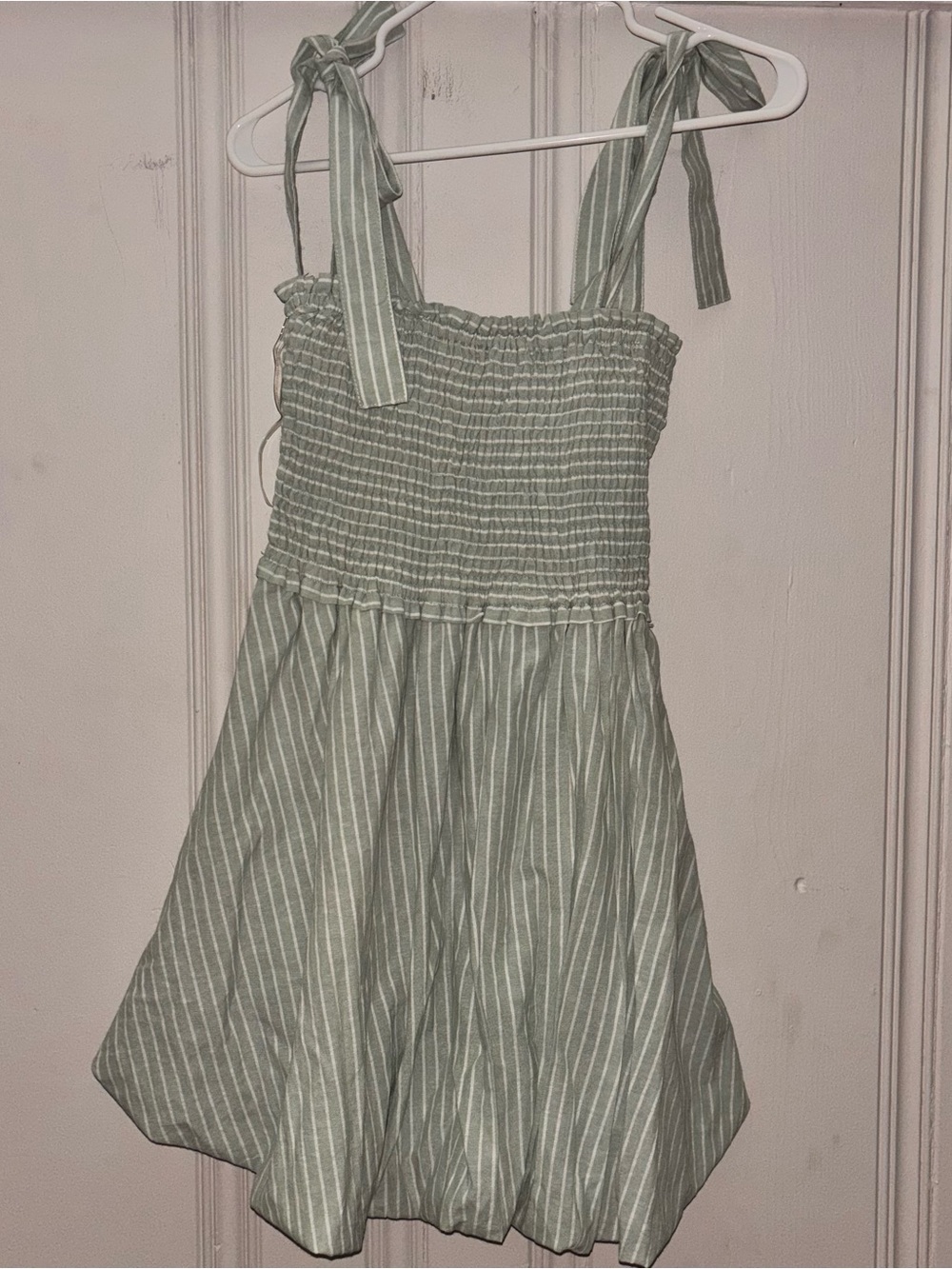 Entro S pastel green and white stripe mini dress bubble hem smocked top ties